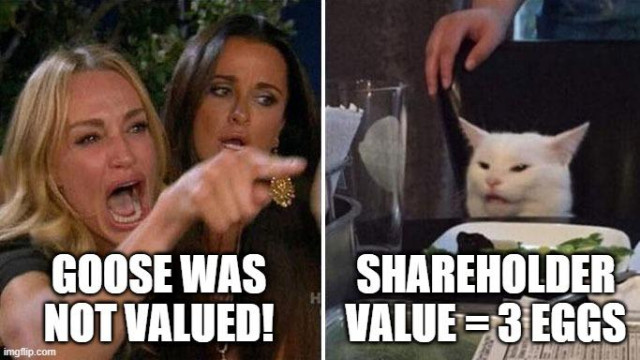 Angry lady cat meme
Angry lady: Goose was not valued!
Cat: Shareholder value = 3 eggs