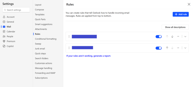 Screenshot of the rules configuration screen in Outlook on the web, showing two active rules, with the rule names obfuscated.