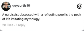@guycurtis10 on Threads says "A narcissist obsessed with a reflecting pool is the peak of life imitating mythology."