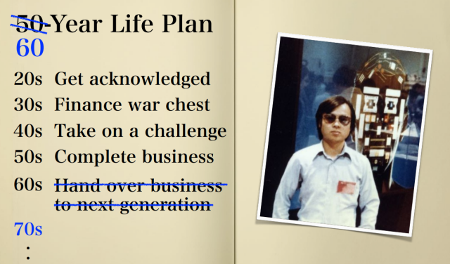Masayoshi Son presenting on how he's changed his life plan

"Hand over business to next generation" in his 60s has been crossed out