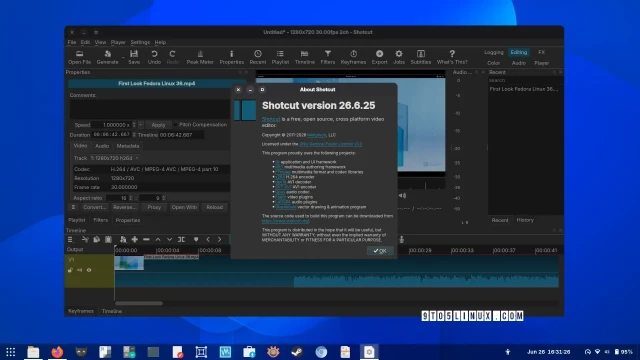 A screenshot of Shotcut 26.6 showing the main window while editing a video file and the About Shotcut dialog.