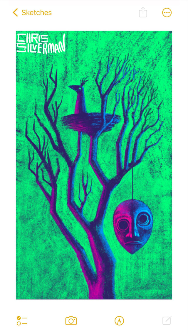 A tall tree with leafless branches stands against a green sky. It is lit on the right with a bluish light, and lit from the left with a crimson one. Sitting in a nest at the very top of the tree is a bird with a long neck and a plume. Hanging from the tree on the right is a mask with large, unevenly placed eyes. The painting is signed "Chris Silverman".