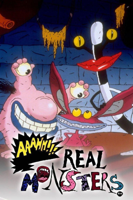 Promotional artwork for the animated television series Aaahh!!! Real Monsters. Three cartoon monsters pose in a dark, cave-like environment with stone walls and hanging slime. A large pink monster with bulging eyes and a wide grin stands beside a small red creature with oversized ears and yellow eyes, while a tall black-and-white monster with red lips and cat-like yellow eyes towers behind them. The colorful series logo, reading “Aaahh!!! Real Monsters,” appears prominently across the bottom of the image.