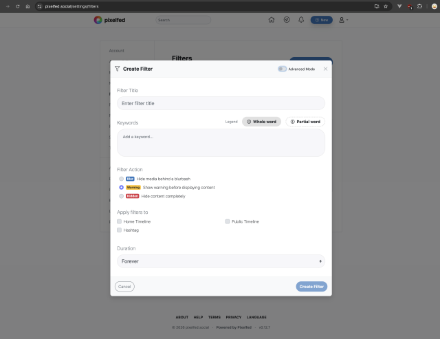 Pixelfed Filters Settings