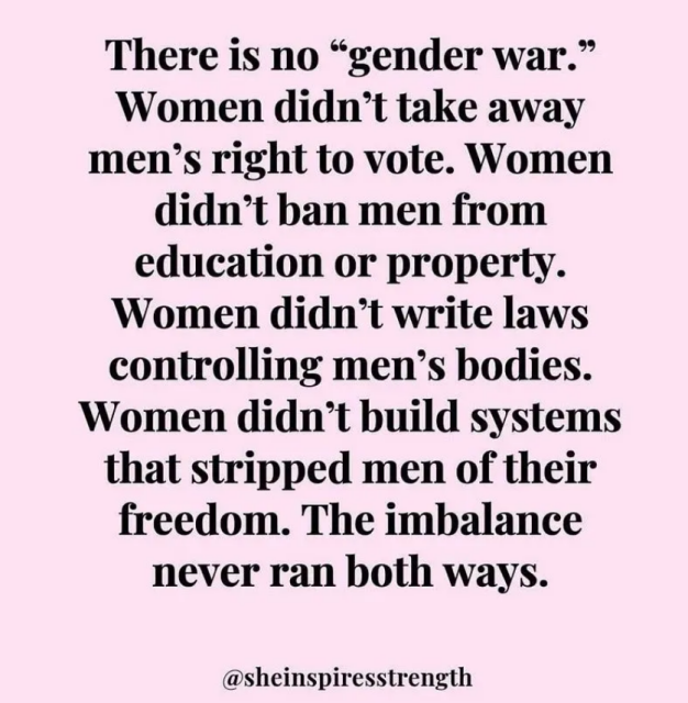 There is no "gender war." Women didn't take away men's right to vote. Women didn't ban men from education or property.
Women didn't write laws controlling men's bodies.
Women didn't build systems that stripped men of their freedom. The imbalance never ran both ways.
@sheinspiresstrength