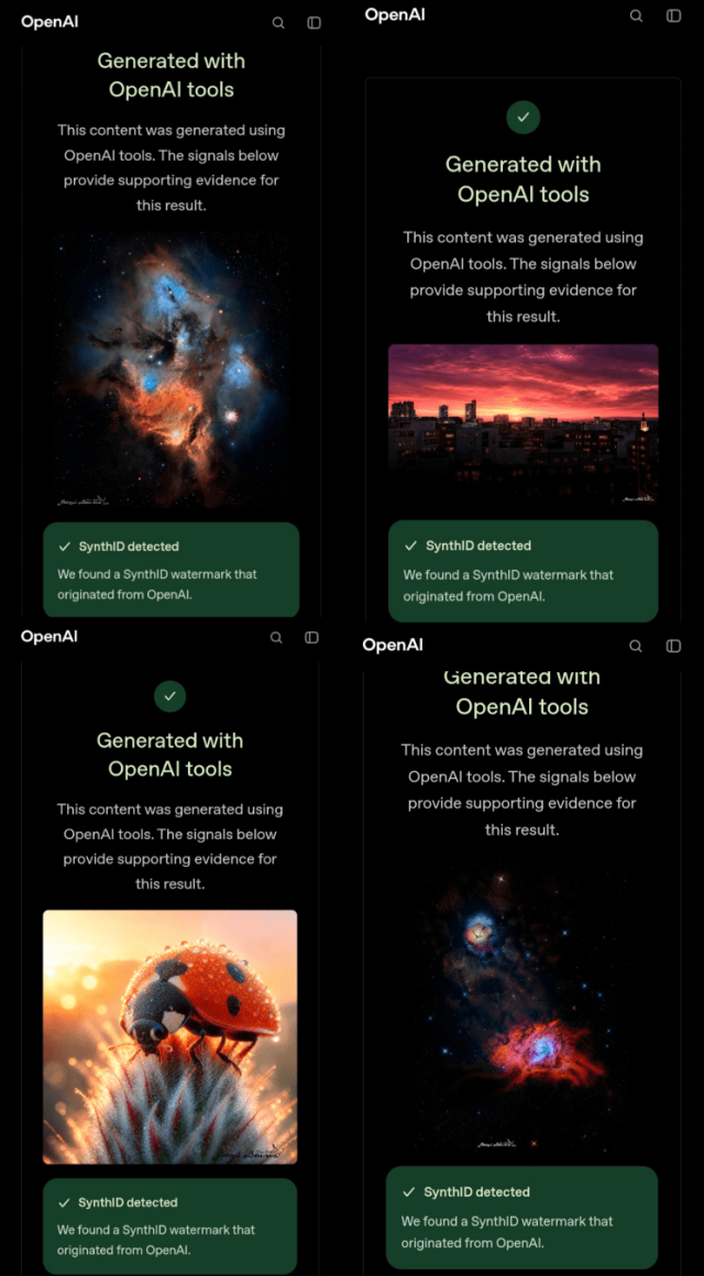 A screenshot of 4 of Ducgris' photos that were put through Open AI's image verification software and all have embedded AI Watermarks.