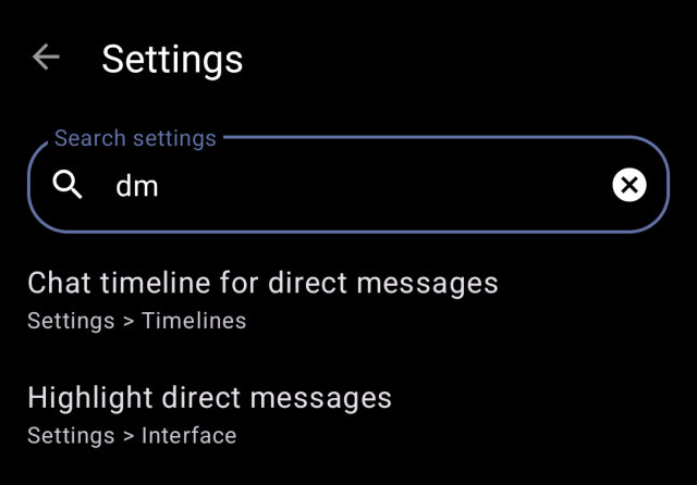 The settings search showing the new Highlight direct messages option when you type DM.