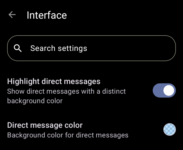 The settings screen with Highlight direct messages turned on, which lets you pick the background colour.