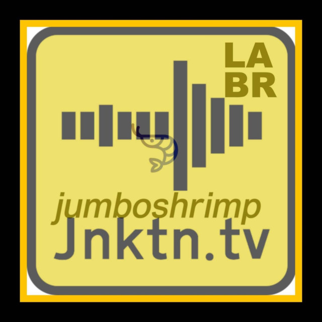 yellow square logo with a grey border featuring a grey waveform icon and a small shrimp illustration. Text includes LA BR in the corner, jumboshrimp in green italics, and Jnktn.tv in large grey letters.