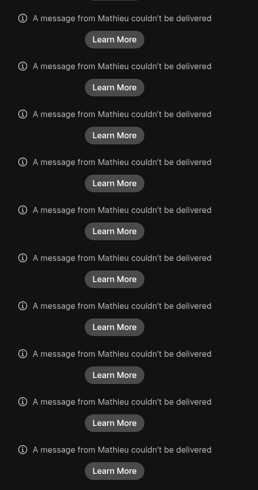A long list of "A message from mathieu couldn’t be delivered" inside signal-desktop