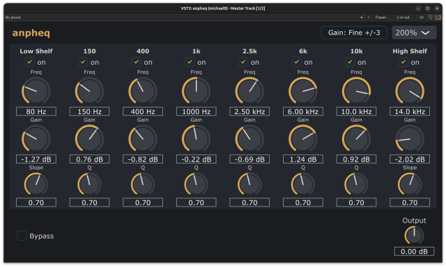 A screenshot of "anpheq", a Linux-only mastering-grade analog-phase EQ plug-in.
