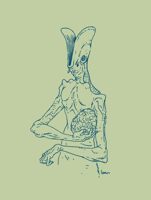 Drawing of an extraterrestial humanoid creature holding an egg