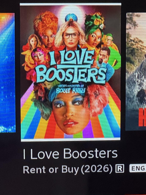 a promo card for a movie called I Love Boosters, in a retro groovy style 