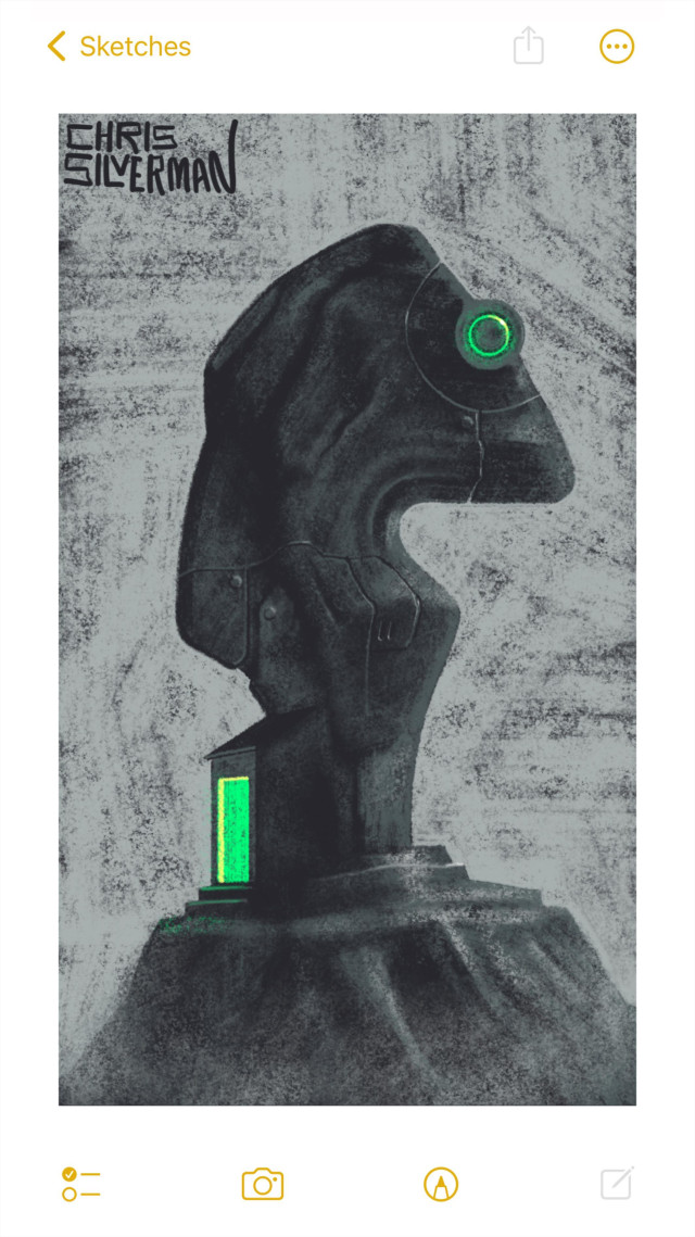 A large, oddly shaped metal sculpture stands on a small rock under a gray sky, surrounded by fog. The sculpture looks a bit like a chess knight, with a few panels and seams visible on the surface. On the lower right of its base is a small open doorway, glowing green. The eye of the statue also has a glowing green circle. The painting is signed "Chris Silverman".