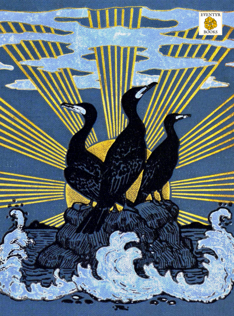 Kobo Libra Colour screensaver: three black cormorants on a blue and gold background.