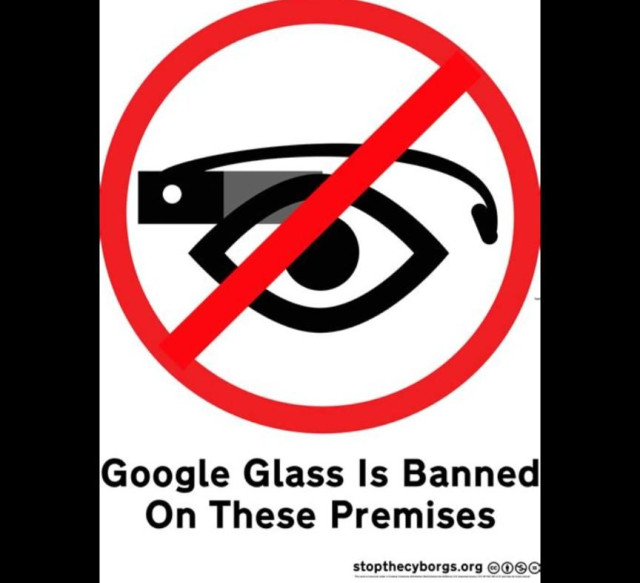 pictogram of an eye with Google glasses and the writing that Google glasses are banned On these premises