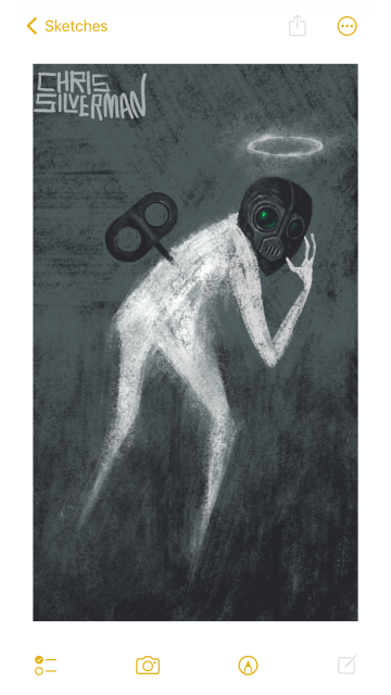An unsettling white figure with long, spindly legs stands in a dark gray field under a dark gray sky. It is looking over its shoulder at the viewer. One hand is up to its face. It's wearing a black gas mask: two large round, green lenses for eyes, and a respirator over its nose and mouth. Sticking out of its back in a black clock key. Hovering above its head is a white glowing halo. The painting is signed "Chris Silverman".