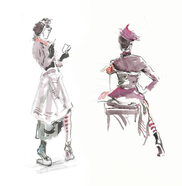 2 figure drawings of woman in interesting layered costume including frilly hat, gloves, scarf, 2 skirts, striped hose and tall shoes