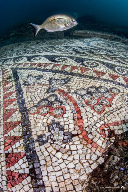 The photo was taken underwater. It shows a partially uncovered mosaic on the ground of the sea and a fish swimming above it