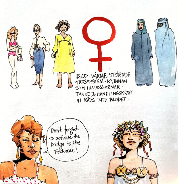 Fem kvinnor på rad med stigande beklädnad. Till vänster bikini, till höger burka. I mitten en röd kvinnosymbol.

Nedanför två kvinno byster.