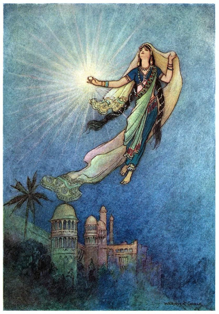 A woman with long hair and a flowing veil floats above domed and arched structures, a radiant gem glowing in her hand as she gazes upward toward the sky.