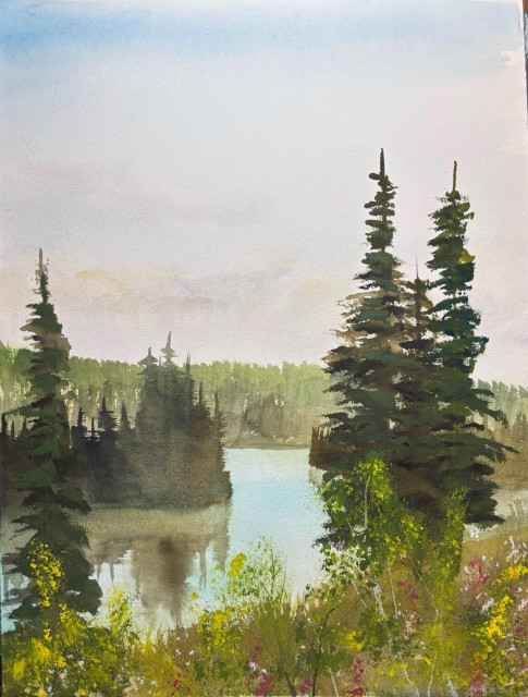 Painting of a small bay at Twin Lakes, Yukon, Canada. 