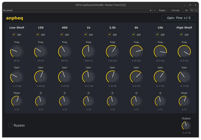 A screenshot of "anpheq" an analogue-phase mastering equalizer plug-in (VST3) for Linux.