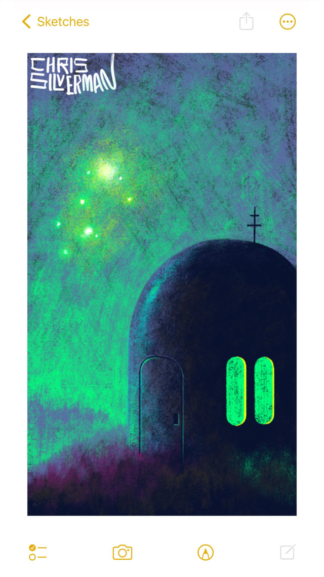 A small house with a domed roof sits under a greenish purple sky. There is a greenish glow around the horizon. In the sky are a cluster of very bright, glowing objects, some of which look too large to be stars. The house has a small door and two glowing green elliptical windows on the side. The painting is signed "Chris Silverman".