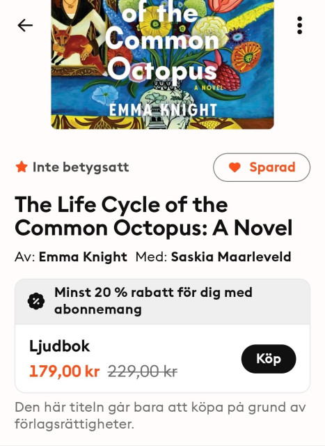 Skärmdump från Storytel app: Den här titeln går bara att köpa pga förlagsrättigheter 
