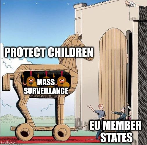 Image shows meme of a Trojan horse with "mass surveillance" inside