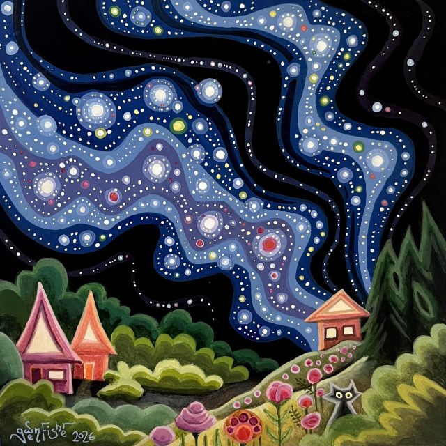 Fantasy painting of a night sky full of two rivers of stars, all over a landscape with a few colorful house and lots of trees and bushes. In the front are flowers and a grey cat. Find this and my other paintings in my Etsy shop, gwenbeads. 