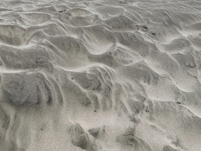 A view of beach sand sculpted into patterns and flowing shapes by water and wind. It’s tan and gray in color, light and dark shades alternating in different places over the shapes. There are curving vertical lines where the water flowed down over the little hillocks, and lighter colored tan sands are pooled below those channels.
It looks a bit like a little desert landscape. 