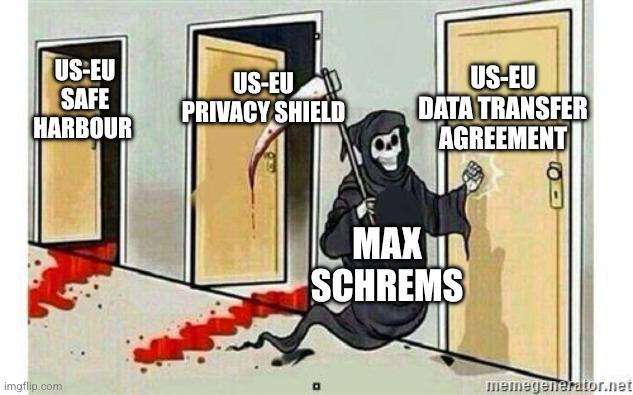 The image depicts the grim reaper. He has already passed two open doors with trails of blood. They are titled "safe harbour" and "privacy shield". The reaper is knocking on a third door titled "US-EU Data transfer agreement"