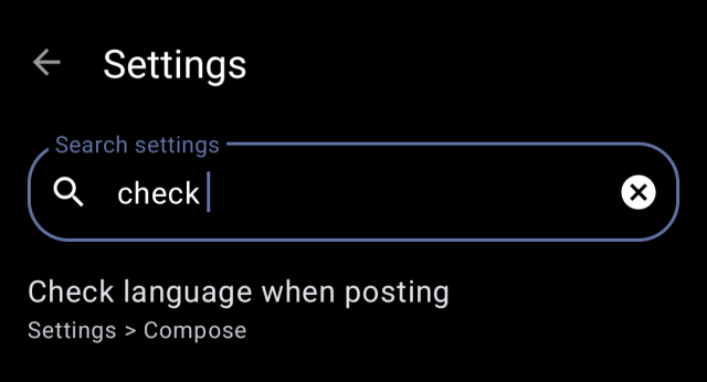 Settings search showing the "Check language when posting" option, found under Settings > Compose.