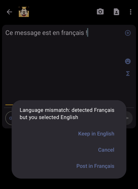 Fedilab detects French and flags the inconsistency, letting you choose: keep English, cancel, or switch to French before posting.