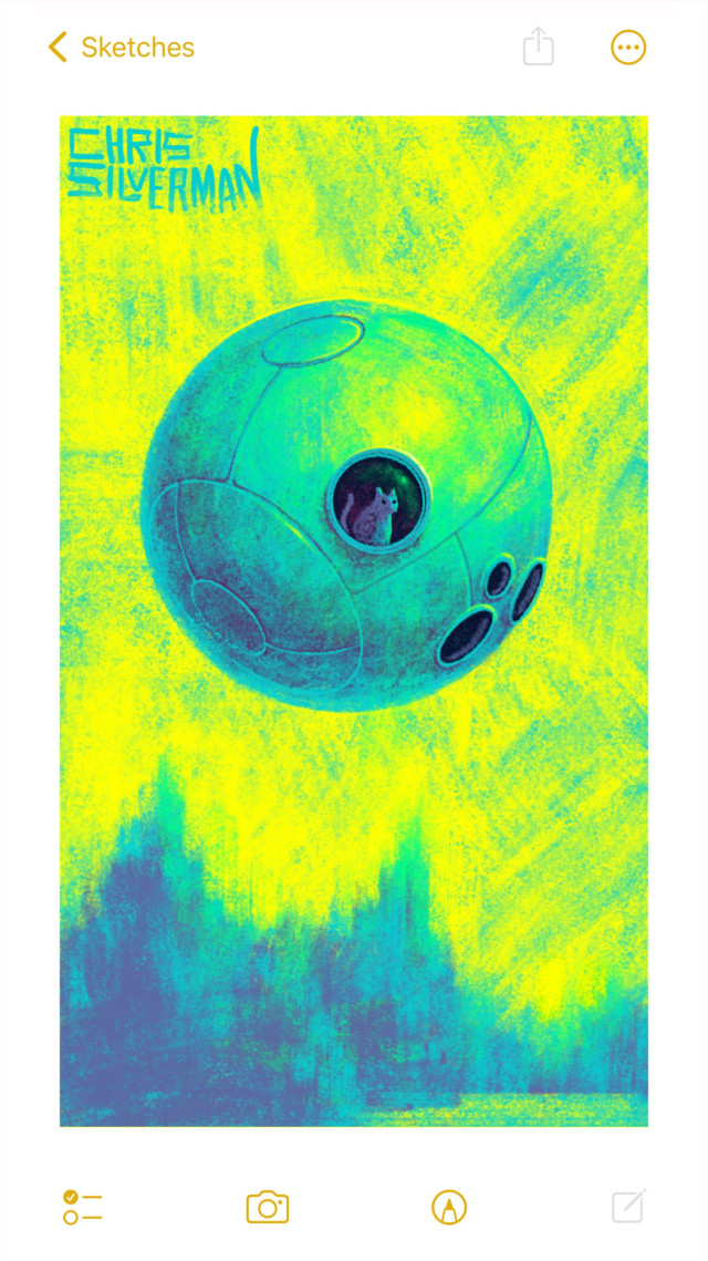 A metal cylinder that looks like something between Sputnik and a spaceship sails through a yellow-green sky. It has several round windows and various seams and panels on it. A cat looks out of the largest window. Below is a blue forest with a lake, reflecting the yellow sky. The painting is signed "Chris Silverman."