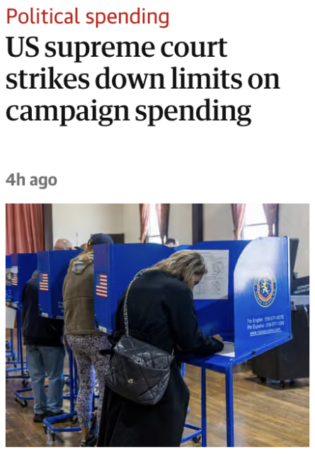 US supreme court strikes down limits on campaign spending 
[photo of people in voting booths]
