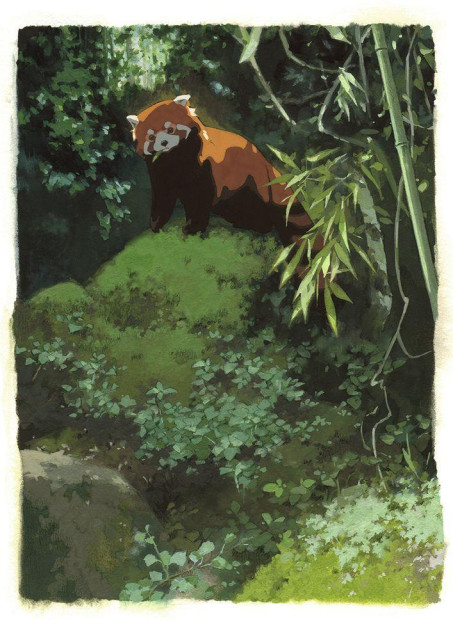 a traditional painting of a red panda between mossy rocks and leaves
