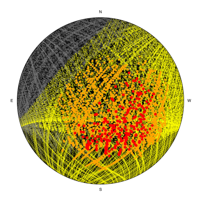 A globe is full of dots of various colours. The grey dots are satellites in the Earth’s shadow and therefore invisible, whereas the coloured dots are illuminated satellites. The orange dots, almost 2000 of them, correspond to satellites brighter than magnitude 7 –– the faintest brightness visible to the naked eye from extremely dark locations. The red dots, more than 200, are satellites brighter than magnitude 5, which corresponds to the faintest objects visible to the naked eye from a suburban location.