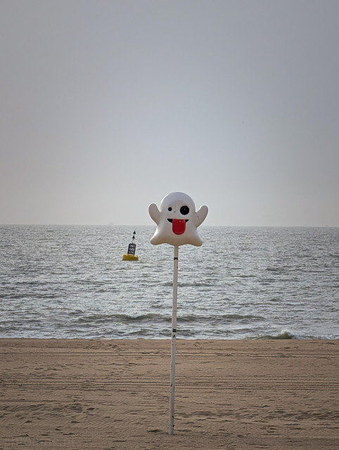 A white pole stands vertically in the center of the sand. Mounted on top is a cartoonish, ghost-like figure with outstretched arms. The character has black eyes and an open mouth with a bright red tongue sticking out.

Out in the water, slightly to the left of the central pole, is a yellow maritime buoy with a dark, triangular top marker.

The color palette is muted, consisting primarily gray, beige, and white, punctuated by the stark red of the ghost's tongue and the yellow of the distant buoy.