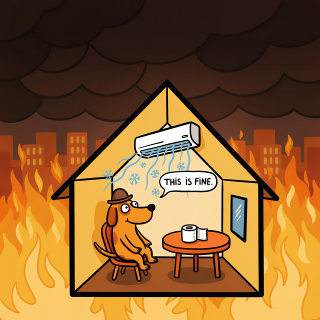 This is Fine dog is sitting inside a tiny house under an air conditioner that produces cold air. The city outside is in fire.

Based on the cartoons by KC Green and Cooper Lit.

Image generated by Ideogram.