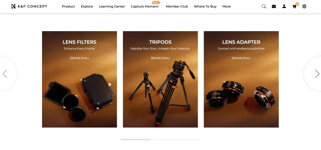 A screenshot of the website's homepage showing categories of the camera gear they sell. 