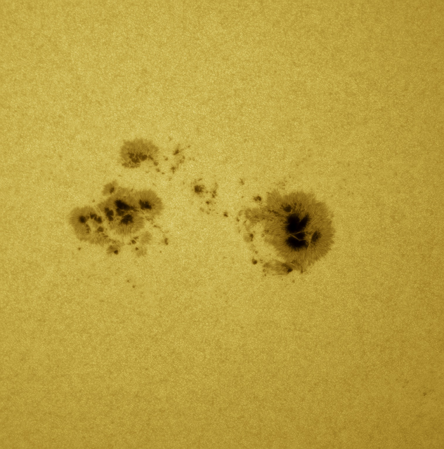 Telescope image of a region of the solar disc, near the center. It shows two large sunspots, dark in their center and their edges have a spaghetti-like structure. The rest of the image show the solar surface completely covered with much smaller "granules" caused by vigorous convection at the surface. The granules are typically a few thousand km across.