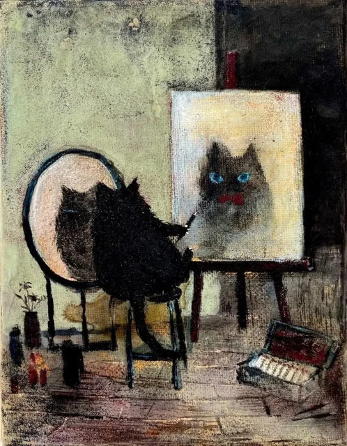 A black cat sitting on a stool, painting a self-portrait on an easel while looking into a mirror. The texture of the canvas shines through, especially on the self portrait!