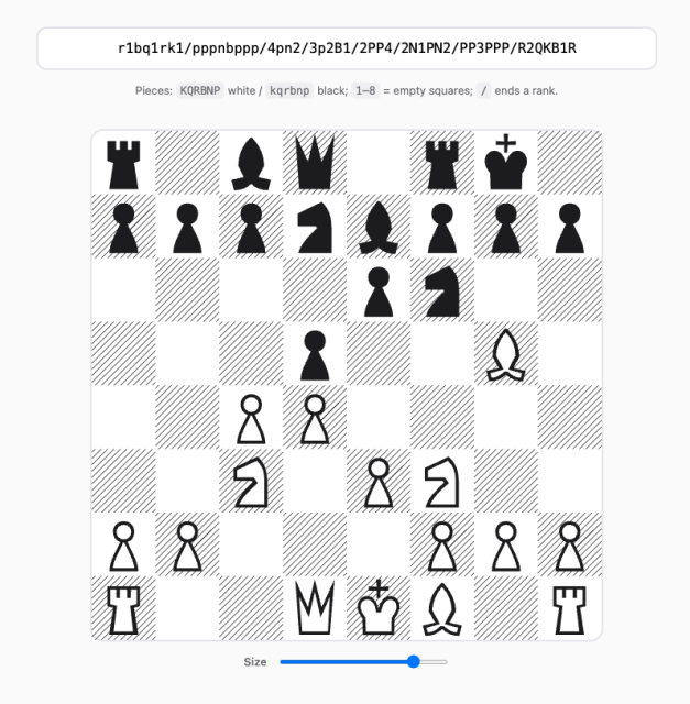 A chessboard in "Queen's gambit declined" formation, with above it a character sequence that represents it