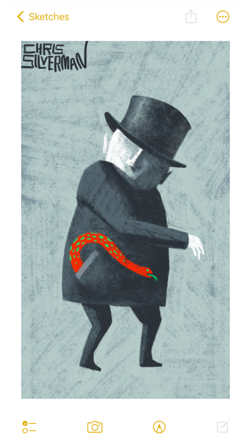 A blank-faced figure wearing a sizable black top hat and a dark suit glances down at a bright red snake with green spots coming out of its pocket. The figure appears surprised, but it's hard to tell what it's thinking since the only visible facial feature is a nose. The background is a light gray. The painting is signed "Chris Silverman".