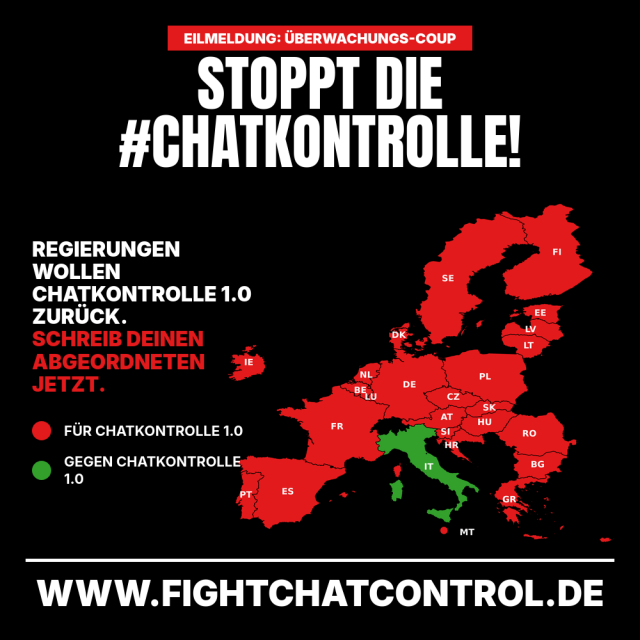 EU-Karte zur Chatkontrolle 1.0. Alle Staaten rot (dafür), nur Italien grün (dagegen). Text warnt vor Überwachungs-Coup und ruft dazu auf, Abgeordnete jetzt anzuschreiben. Webseite: www.fightchatcontrol.de