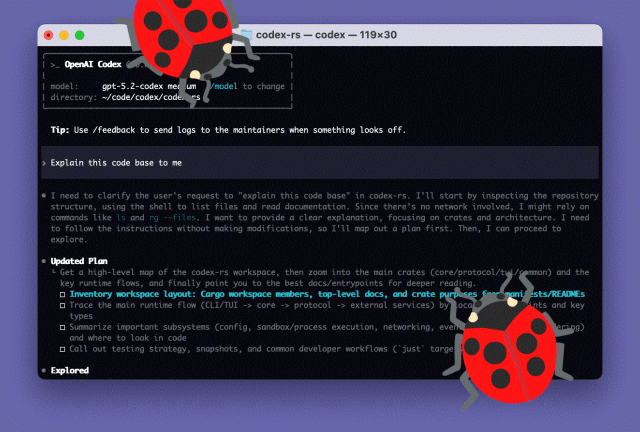 Screenshot of the Codex CLI executed in a Mac terminal, with a couple of lovely bugs placed on top.