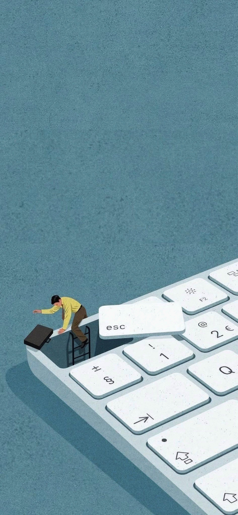 An illustration of a miniature man in a yellow shirt and brown trousers climbing down a small ladder into an opening where the "esc" key should be on a computer keyboard. He carries a small black briefcase.