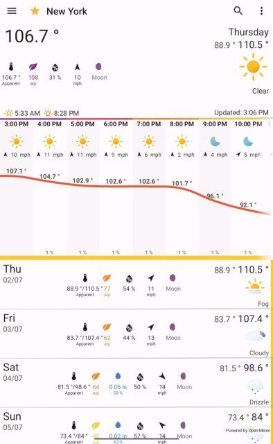 screenshot of the OSS Weather app’s forecast for New York City showing today feels like 106 degrees farenheit; maybe up to 110 degrees